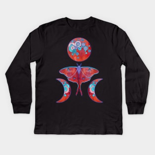 Luna Moth and Triple Moon - Blood Red Kids Long Sleeve T-Shirt